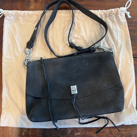 NWT $328 REBECCA MINKOFF Washed Black Suede Leather Darren Top Zip Shoulder Bag - Picture 2 of 14